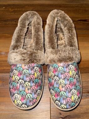 BOBS by Skechers Colorful Dog Print Faux Fur Lined Slippers